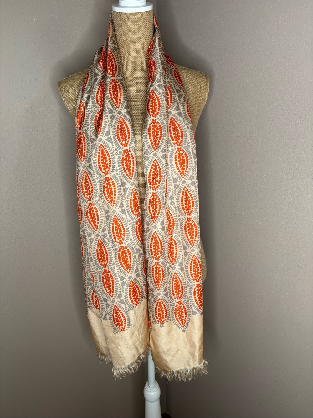 J.Crew Silk Satin Long Ivory Gray Orange Scarf